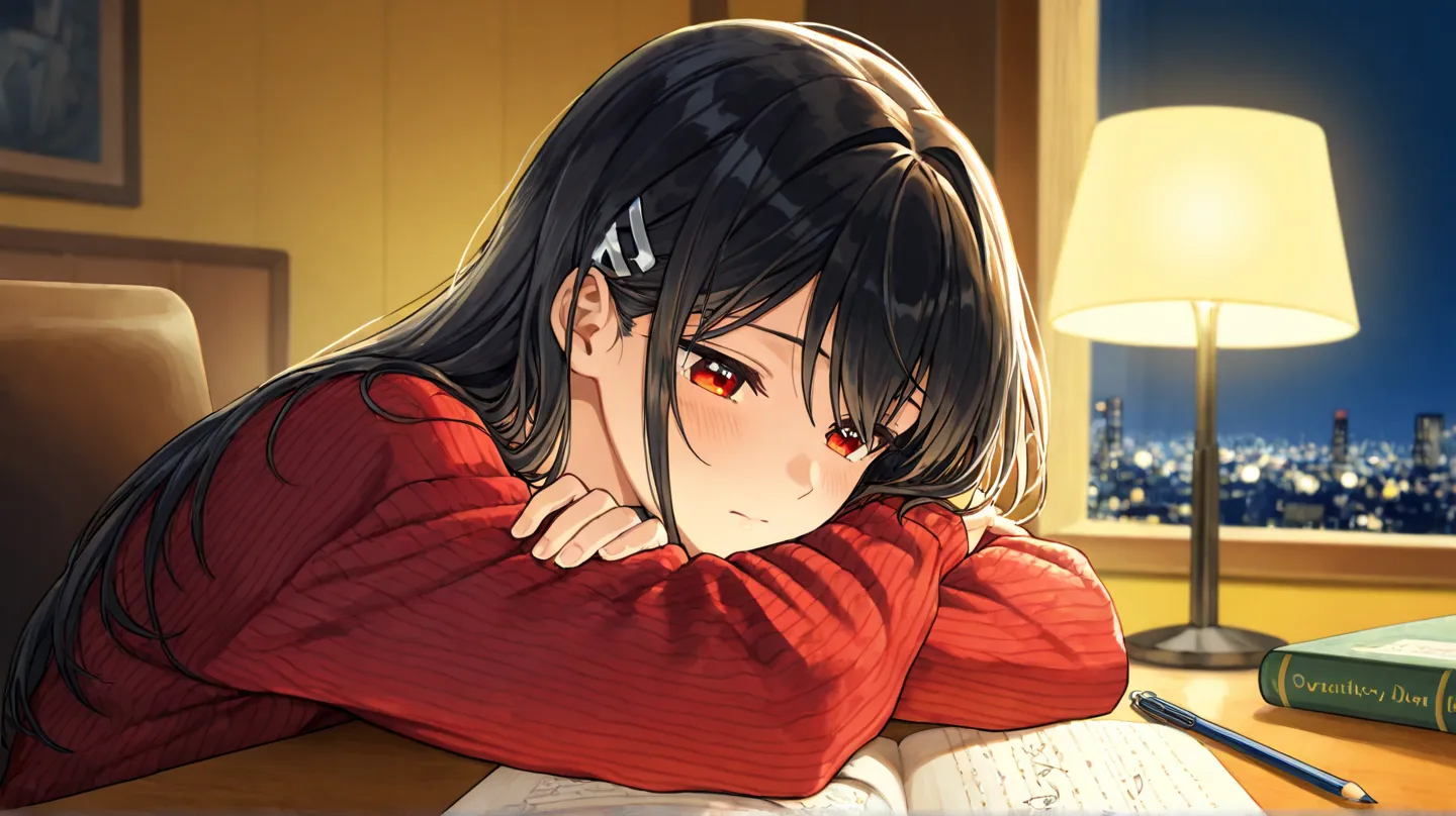 A cozy lofi-style illustration of a 20-year-old young woman with an ideal physique, wearing a red sweater that adds warmth to the scene. She has neck-length black hair and a sweet but serious expression, her eyes intently focused on the open book in front ...