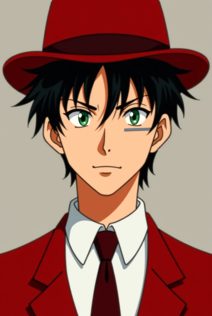 Create an image from the Anime version of a Robust Man, with dark black hair with weak green eyes with a scratched right eye using an eye slap on him, and wearing a red suit and white tie, Fedora hat for men, well-defined nose, Medium size ear