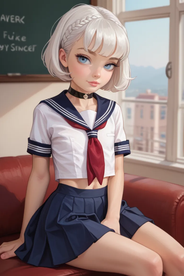 Beautiful eyes, blue eyes, short hair, sexy face, white hair, choker, school uniform, very skinny, flat chest, sitting position, (high sharpness), (realistic style)