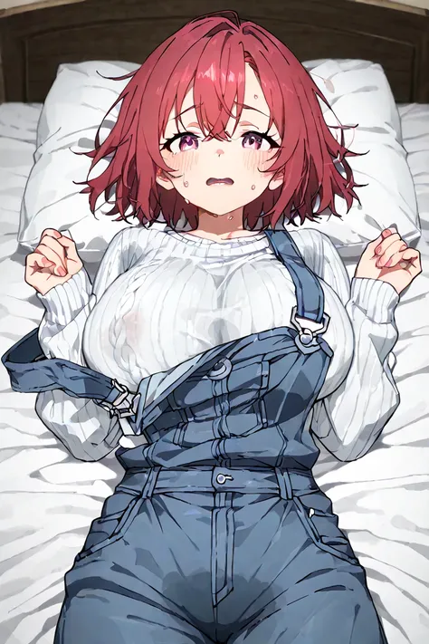 NSFW、Cowherd Girl 、Red Hair Short Hair、big breasts、thin body、white tight knit、overalls、on the bed、sweat