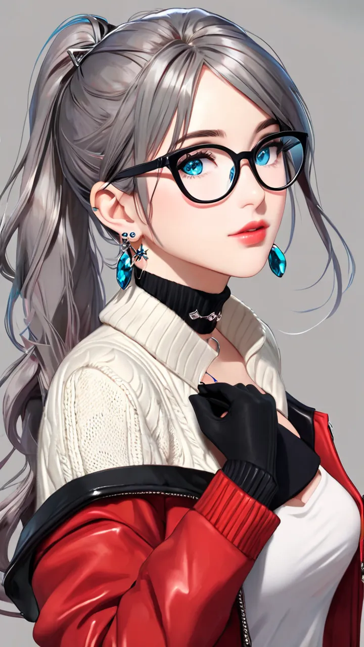 1 girl,  Aqua Eyes, return, bangs,  shoulder out, black gloves,  blue eyes, knitting glasses, choker, earrings, fingerless gloves, from behind, gloves, Gray Hair, holding, jacket,   jewelry, long hair, watching viewers, looking return, nail polish, off sho...