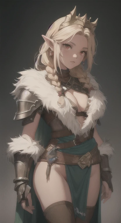 Dinosaur era, Prehistoric Hylian, Devine princess, Hylia, blonde, red eyes, bandit braids, looking at viewer, long messy hair, prehistoric Hyrule, lore accurate prehistoric fur armor, fur loincloth,