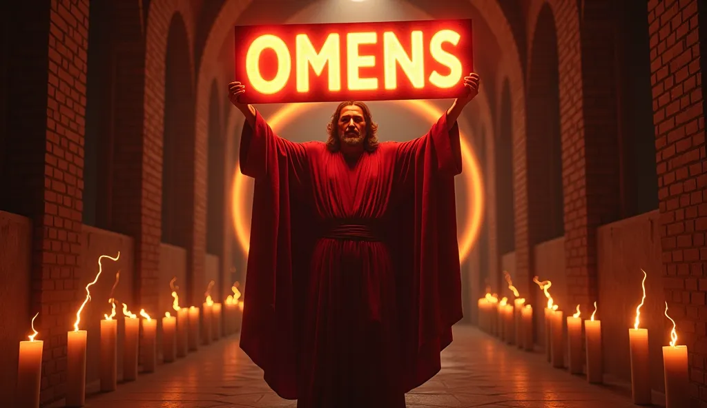 A figure, depicted as Jesus Christ, stands in a dimly lit, corridor-like setting.  He is holding a large, glowing, orange-red sign that reads "OMENS" in a stylized font. The figure is middle-aged, Caucasian, and wears a flowing, dark-red robe.  He has a se...