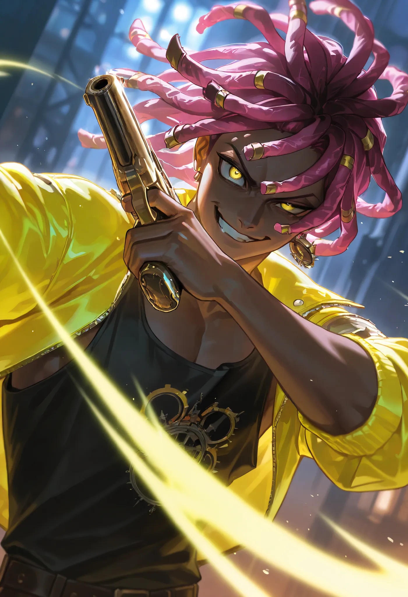 Score_9, Score_8_up, Score_7_up, Score_6_up, \(quality\), L0LSPL4SH, year2024, year2023, 1male, solo, pink hair, long dreadlocks, dark skin, yellow eyes, detailed face, crazy smirk, crazy look, upperbody, long yellow jacket, open jacket, black tank top, po...