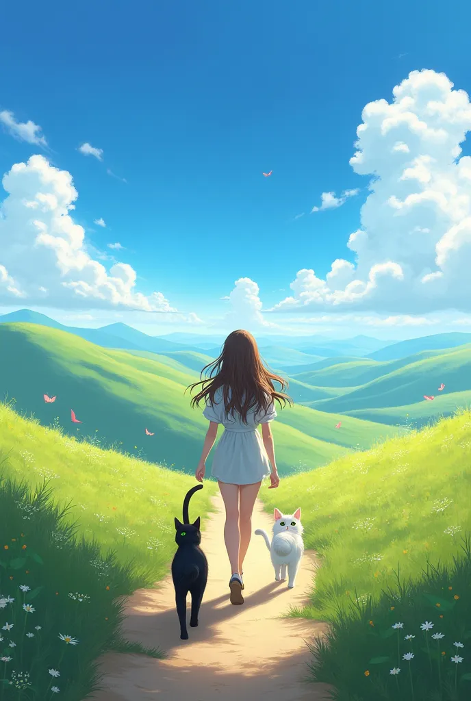 A breathtaking sky view with a deep, vibrant blue hue stretches across the horizon. The sky is dotted with soft, fluffy white clouds, creating a serene and peaceful atmosphere. In the foreground, rolling green hills extend as far as the eye can see, with p...