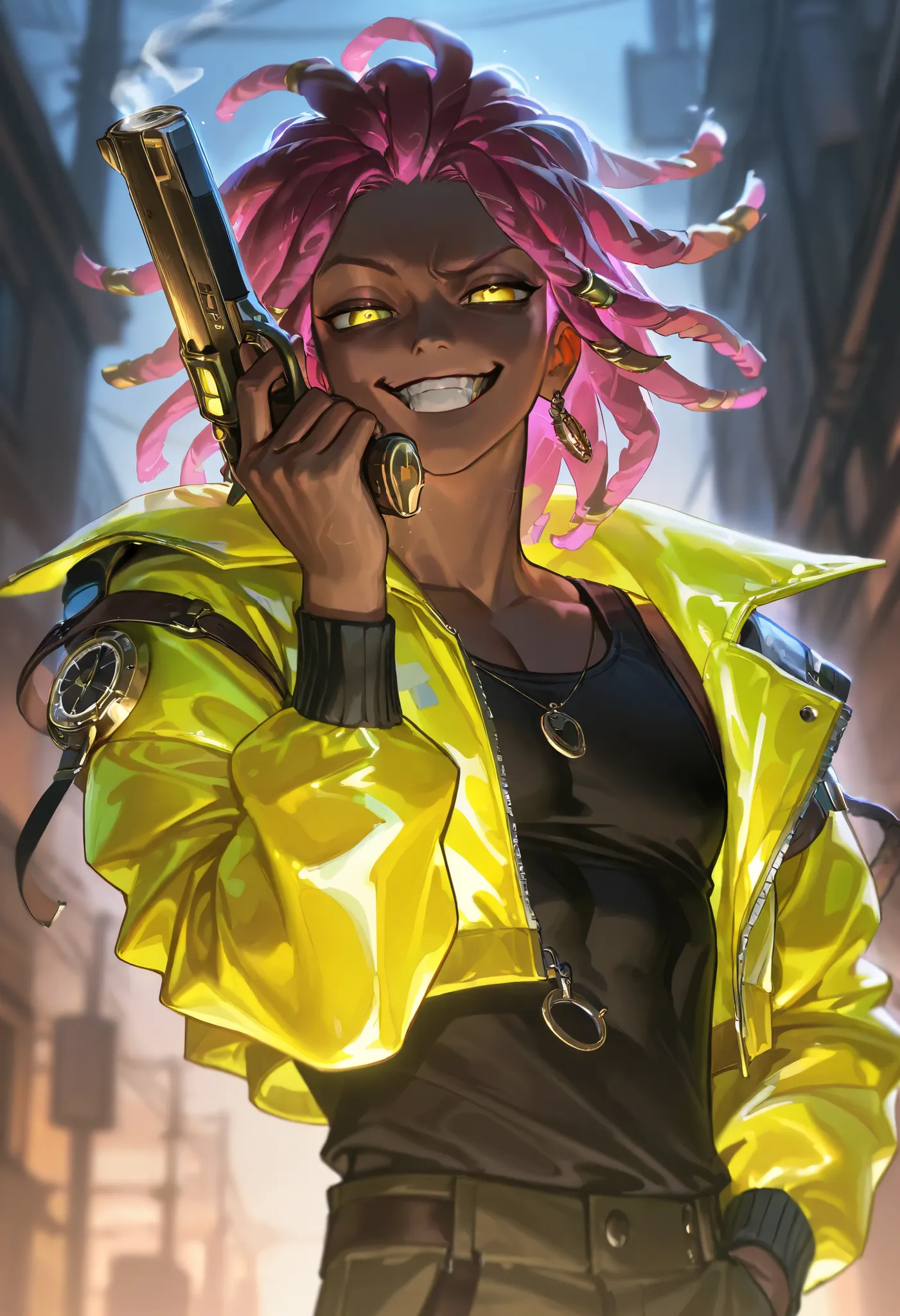 Score_9, Score_8_up, Score_7_up, Score_6_up, \(quality\), L0LSPL4SH, year2024, year2023, 1male, solo, pink hair, long dreadlocks, dark skin, yellow eyes, detailed face, crazy smirk, crazy look, upperbody, long yellow jacket, open jacket, black tank top, po...