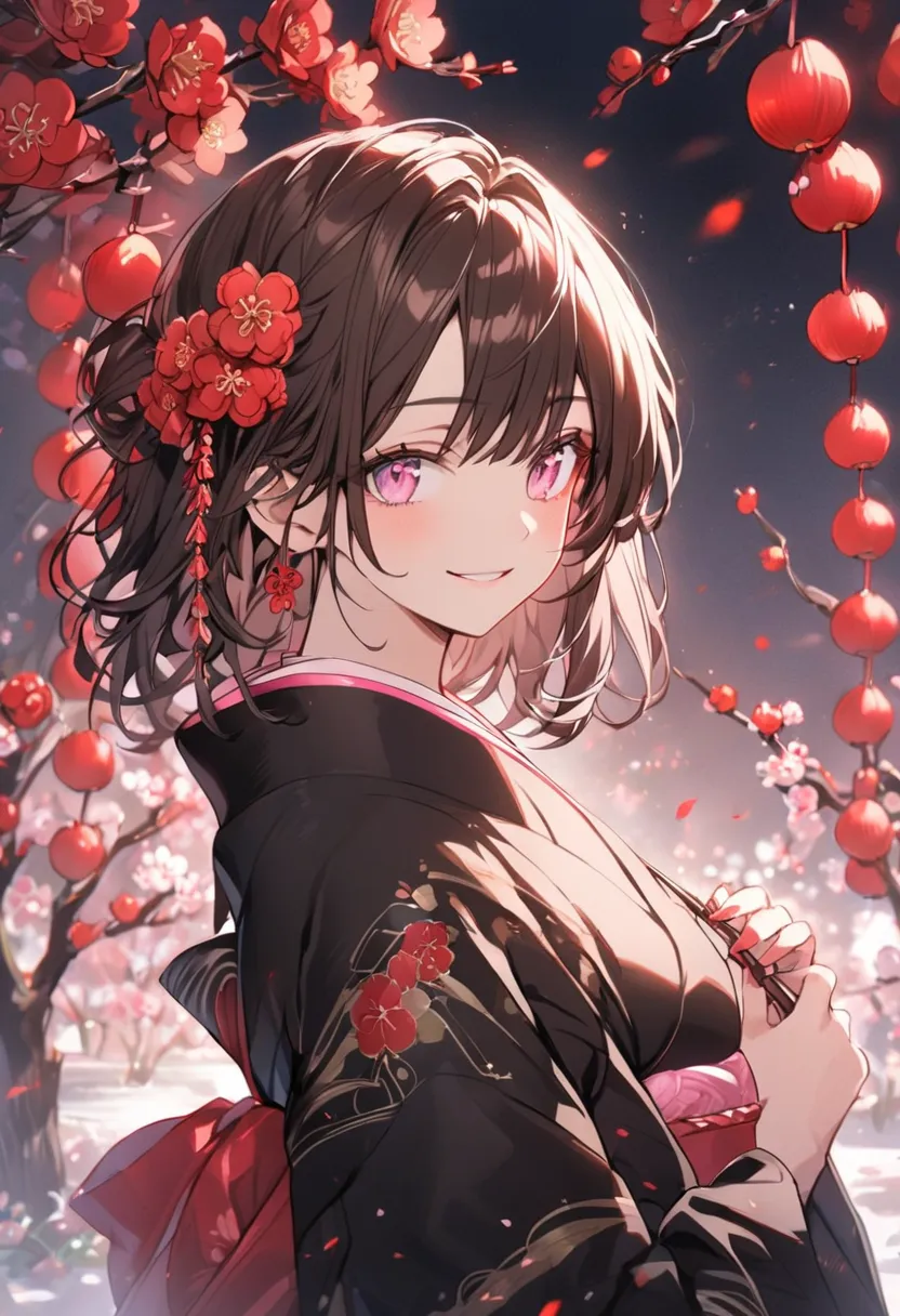  handsome, alone,  female 1 person, medium hair, Dark brown hair, pink highlight on the tip,  light pink eyes，smile，black kimono, red plum blossom,garden