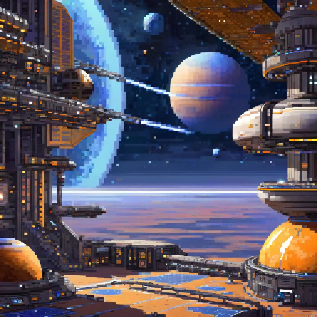 create a pixel art space station background 