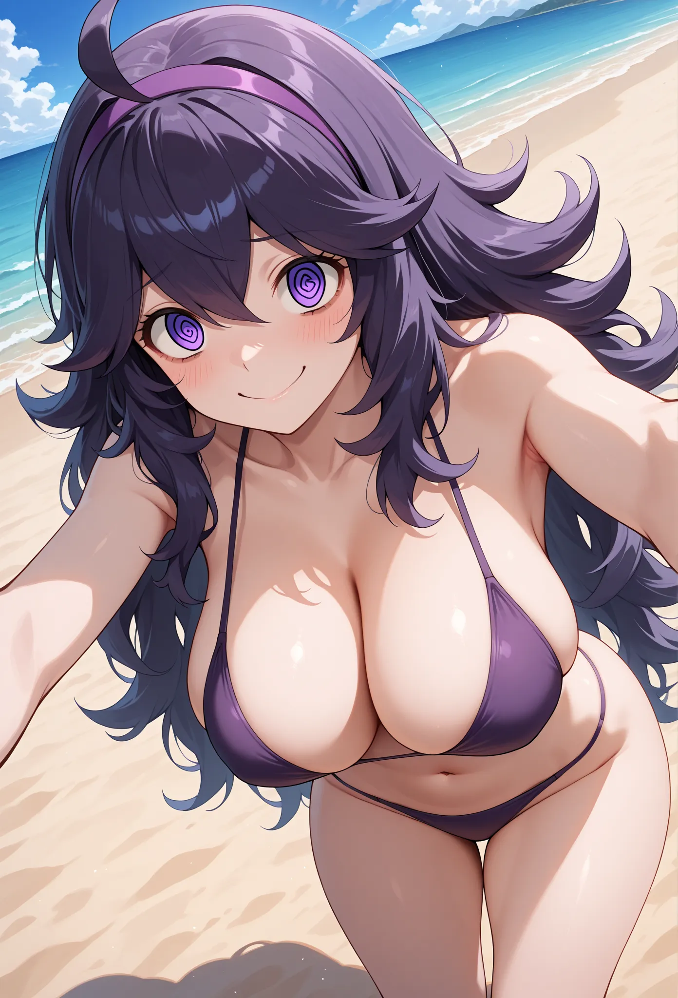 high resolution picture, masterpiece, best quality, amazing quality,  solo, 1girl, hex maniac, hairband, messy hair, purple eyes, purple hair, purple hairband, @ @,
 large breasts,                                                              BREAK (curvy),...