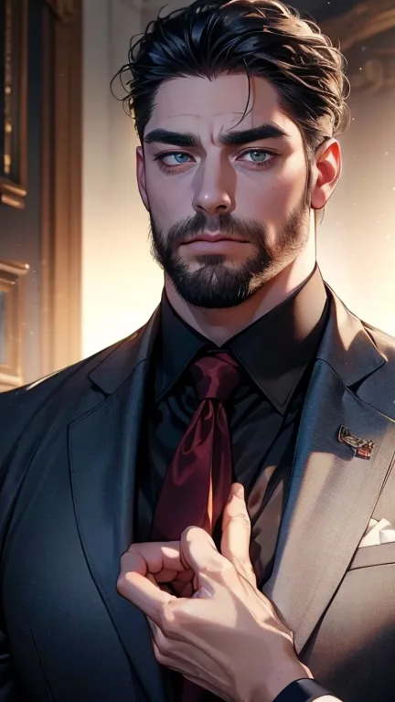 (    best quality,4K,8k,      highres,    masterpiece :1.2),    ultra-detailed    ,(Realistic,photoRealistic,photo-Realistic:1.37),36-year-old man,3 day beard,Beautiful anime,Portraits,strong,masculine,       with black hair  ,sharp jaw,           mesmeriz...