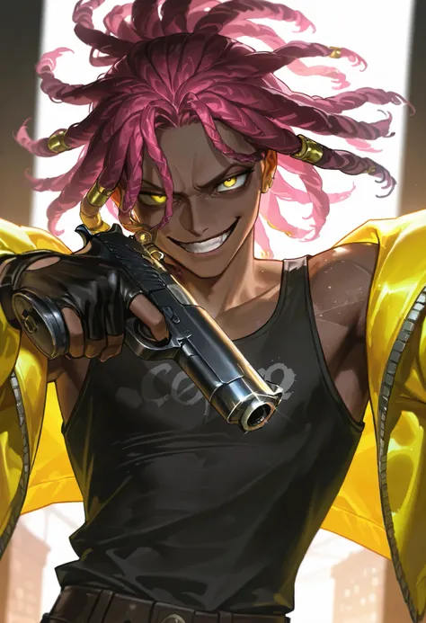 Score_9, Score_8_up, Score_7_up, Score_6_up, \(quality\), L0LSPL4SH, year2024, year2023, 1male, solo, pink hair, long dreadlocks, dark skin, yellow eyes, detailed face, crazy smirk, crazy look, upperbody, long yellow jacket, open jacket, black tank top, po...