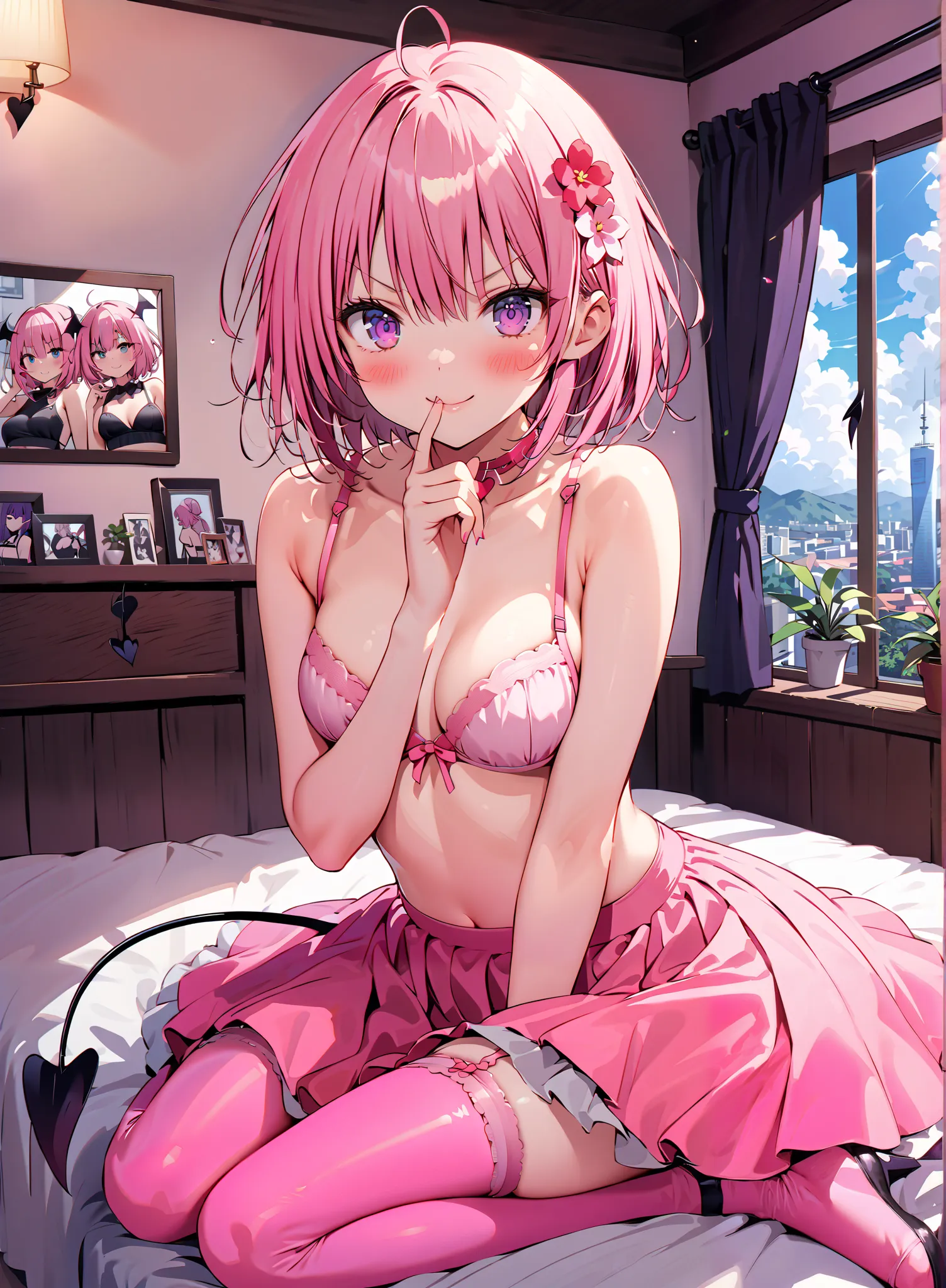  score_9,  score_8_up,  score_7_up,  source_anime,
Momo Devil, Momo Deviluke, demon Tail,  Hair Flower, hair ornaments close to the garden, purple eyes, pink hair,  short hair, Tail,demon Tail,Medium breast, Chest Valley, pink bra, pink panties, pink garte...