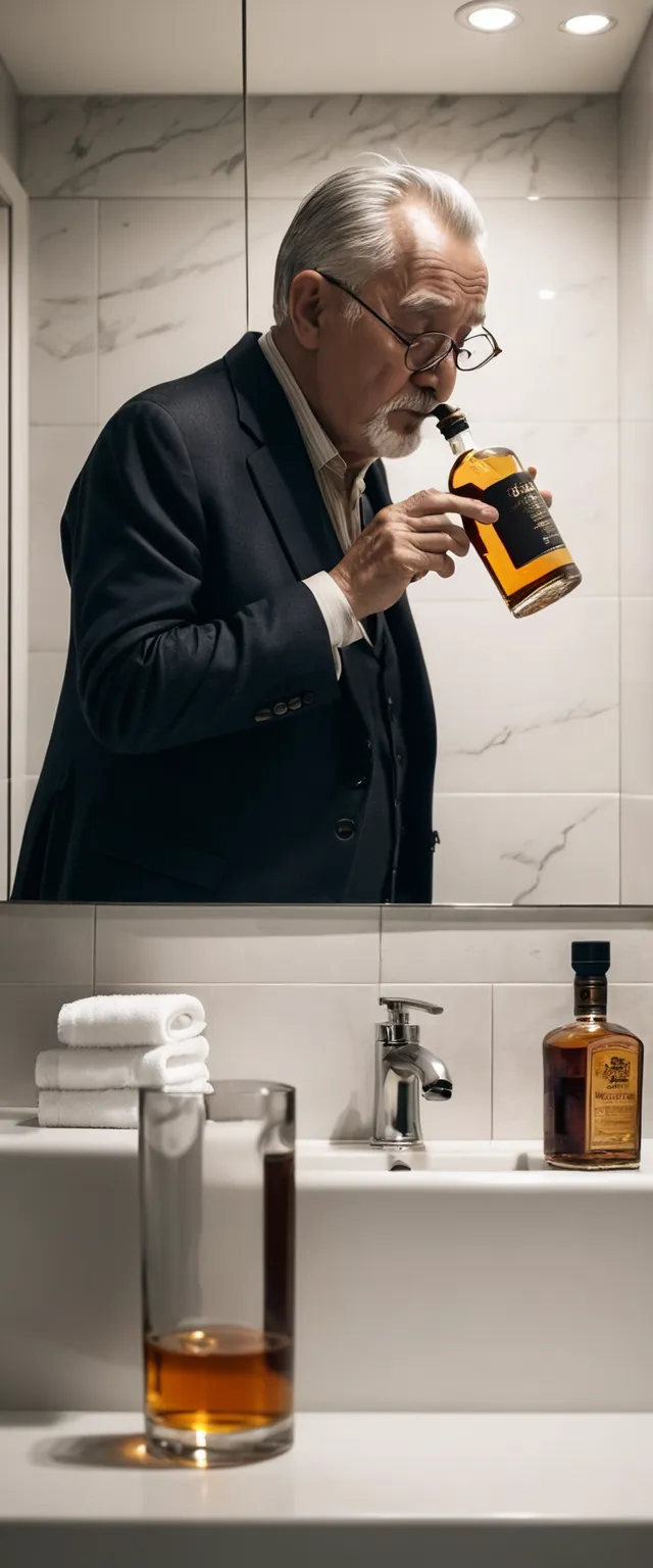 the side view of a old gentleman drinking whiskey from a bottle in the bathroom, The man is not wearing glasses,