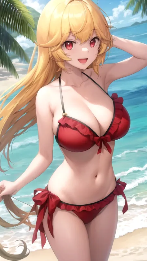 masterpiece, best quality, girl, solo, looking at viewer, yumoto_hakone, blonde hair, red eyes, large breasts, frilled bikini, beach, standing, smile, open mouth 