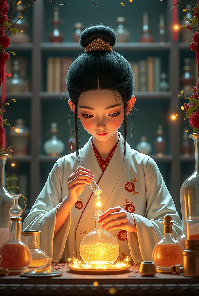 Anime, create an alchemist studying the effects of different medicinal ingredients in traditional Chinese clothing and rather skinny ultra detailed 