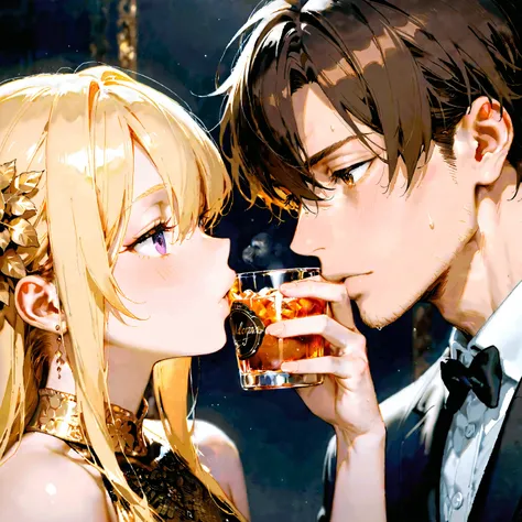 1boy, 1girl, brown hair, long blonde hair, hair inbetween eyes, cute, brown eyes, purple eyes, welcome to Enigma, formal attire, black and gold dress, black suit High Resolution, Masterpiece, Accurate, Anatomically Correct, Award Winning, Best Quality, Det...