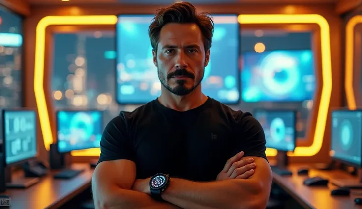 Tony Stark, with his distinctive elegant hairstyle, well-defined beard and confident look.  fully facing forward as if looking directly at the viewer. His entire body is turned towards the camera, creating an engaging and immersive perspective. The room ha...