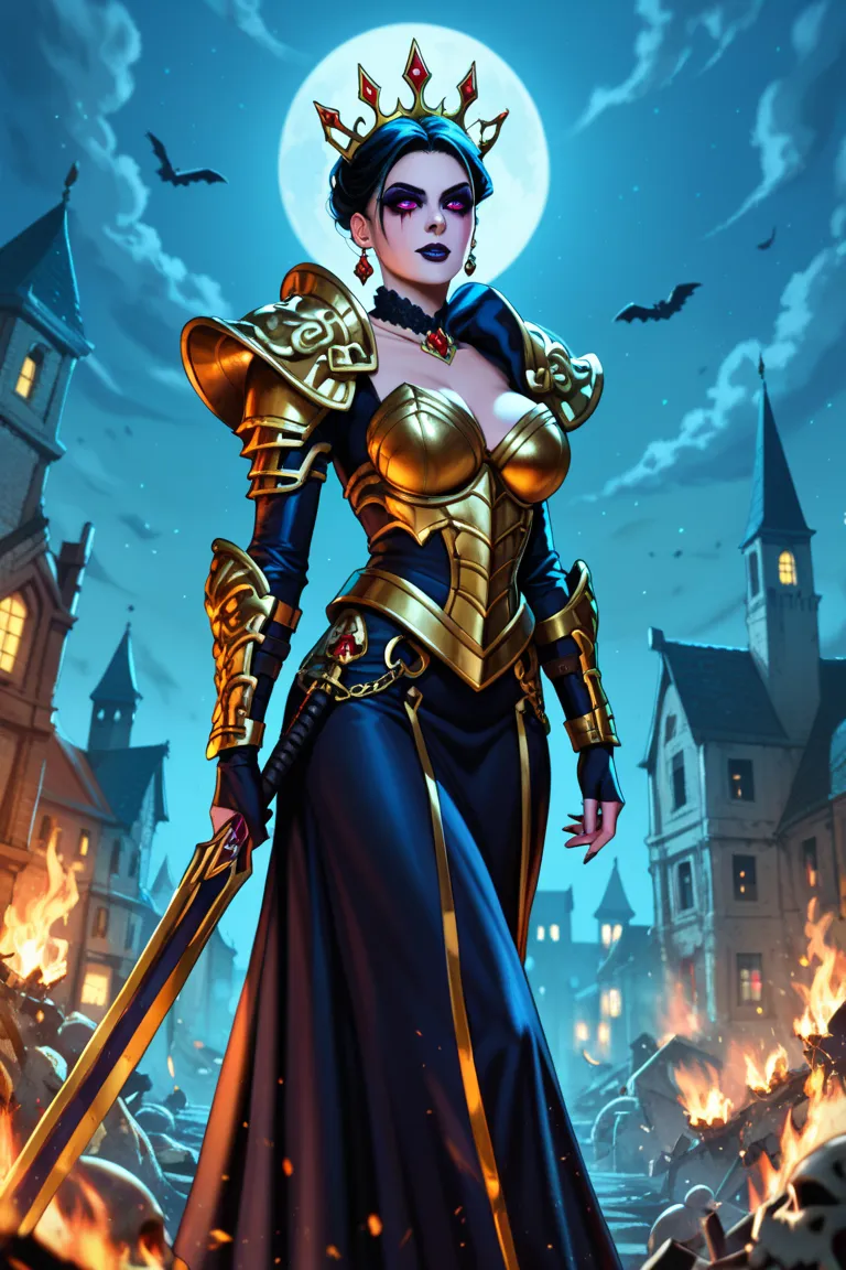 female undead queen, deteriored zombie, terrifying, undead, bones all over her dress, armor made of bones, night, darkness, dad