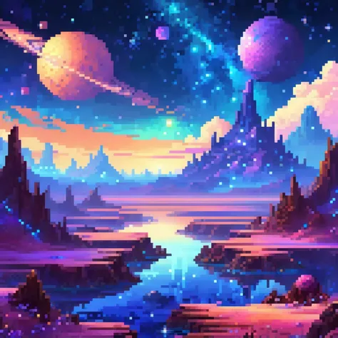 create a pixel art space background with aliens and gold themed