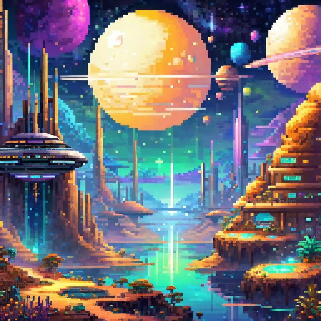  create a pixel art space background with aliens and gold themed