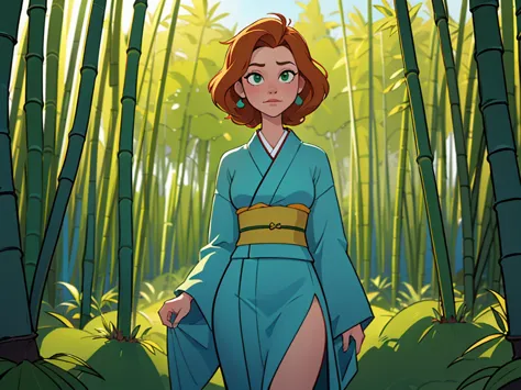 Annie Hughes, wearing a sexy kimono in turquoise and green, standing in a lush bamboo forest with vibrant green bamboo stalks and soft turquoise light filtering through the leaves. The scene is captured in high-quality 4K, close-up shot, masterpiece, with ...