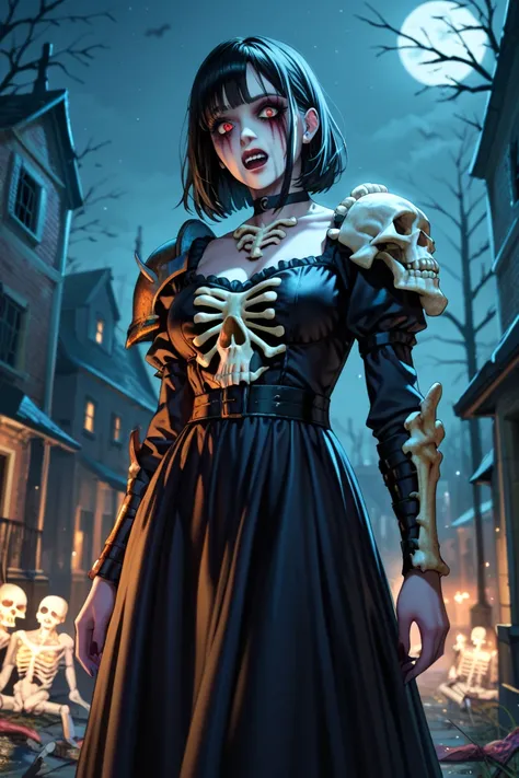 female undead, deteriored zombie, terrifying, undead, bones all over her dress, armor made of bones, night, darkness, dead, dress made of bones