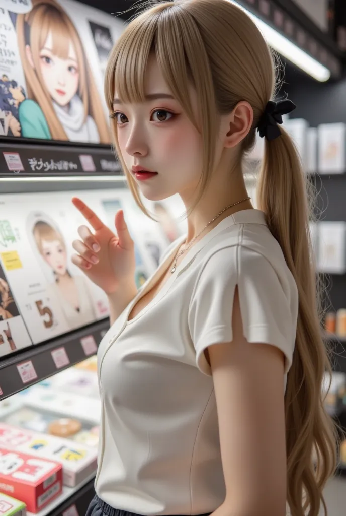  super realistic，Realistic， Dramatic Scene ， Shadow ，Full-area lighting。
alone，A Japanese Gothic age girl，jiraikei（Fragile Japanese girl style），very beautiful、 Very Cute Face ， revealing a slit ，Big Breasts，Slim Waist， Blonde Ponytail 。
She is wearing a fi...