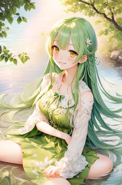 Anime smiling girl、sitting in a tree with long green hair and a green dress,  detailed digital animation art, BEAUTIFUL ANIMATED PORTRAIT, Beautiful anime style , open your mouth, beautiful anime girl crawling on the bed, portrait of a cute anime girl, sof...