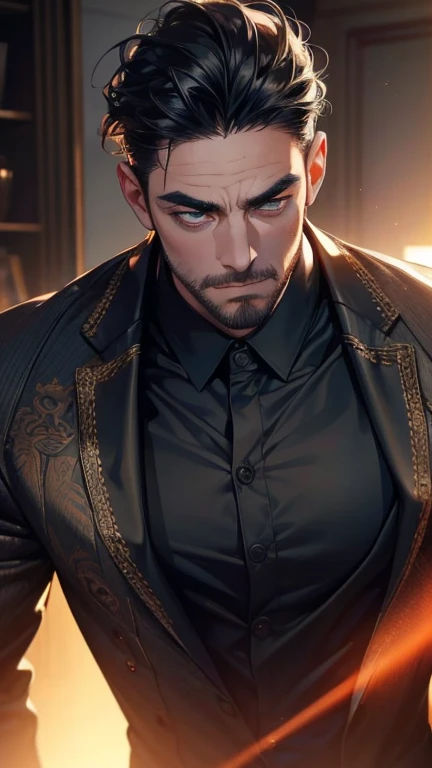 (    best quality,4K,8k,      highres,    masterpiece :1.2),    ultra-detailed    ,(Realistic,photoRealistic,photo-Realistic:1.37),36-year-old man,3 day beard,Beautiful anime,Portraits,strong,masculine,       with black hair  ,sharp jaw,           mesmeriz...