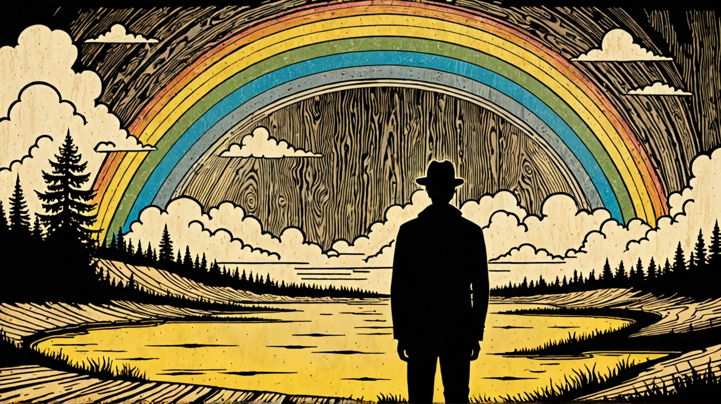 Create a rustic woodcut style image digital art surreal, using only black, beige, and yellow 

A man under a beatiful rainbow