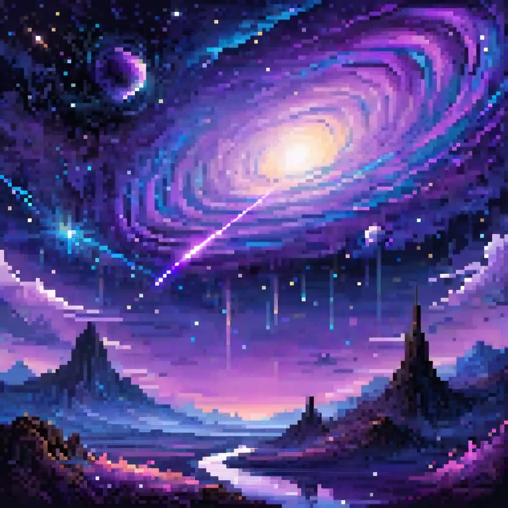 create a pixel art space background with nebula, dark hole and shooting stars