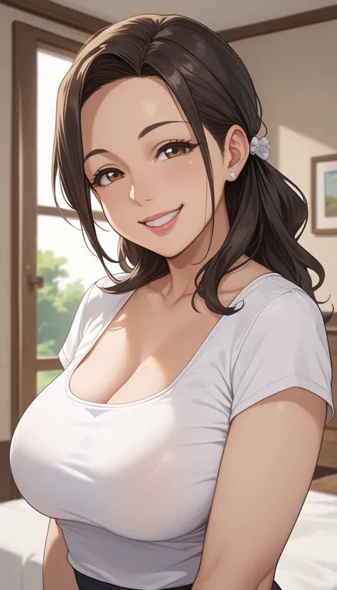  score_9,  score_8_up,  score_7_up,  source_ anime、Highest quality、8k、 masterpiece、super high definition、natural light、Perfect Anatomy、 one woman、 small tits、saggy breasts:1.3、(Okuzumi Yuiko)、 dark hair、((Mature Woman))、 cute face、Happy face、smile、((tight ...