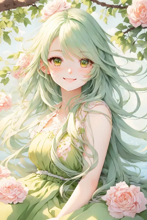 Anime smiling girl、sitting in a tree with long green hair and a green dress,  detailed digital animation art, BEAUTIFUL ANIMATED PORTRAIT, Beautiful anime style , open your mouth, beautiful anime girl crawling on the bed, portrait of a cute anime girl, sof...