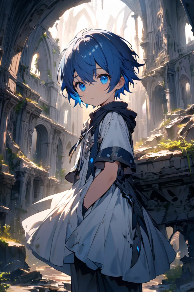 male　 cute　 Shota　   blue hair and blue eyes  　 short　The background is a fantastic building based on white　 is cracked