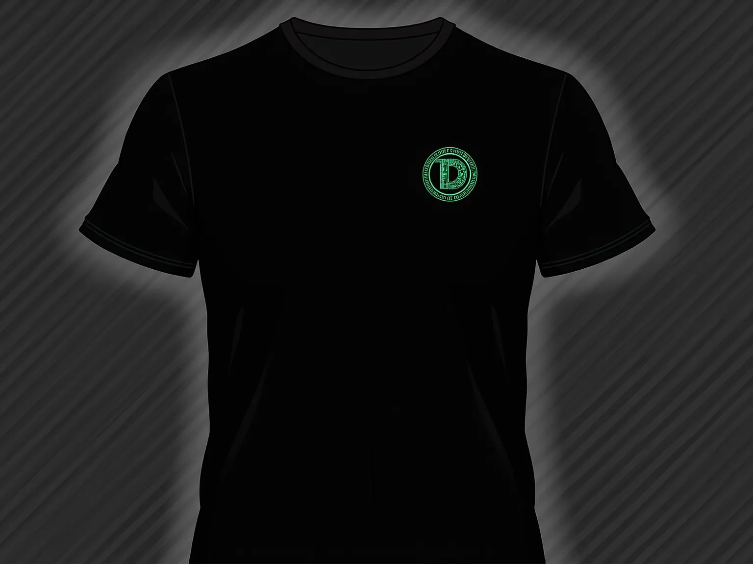  Black tshirt on a right side corner small logo of  a black coin similar like Bitcoin but replace letter for a Green "D" not a "B" , high quality detalis , dont put any inscriptions on coin put something else like squares or lines , add in the middle pixel...