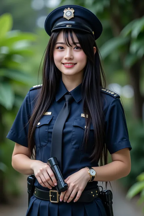 A photo of a cute, smiling young woman with long black hair and light skin. She is wearing a dark blue police officer's uniform, including a short-sleeved shirt, pleated skirt, cap, and dark blue tie. A black belt with handcuffs is visible. Her hands are p...