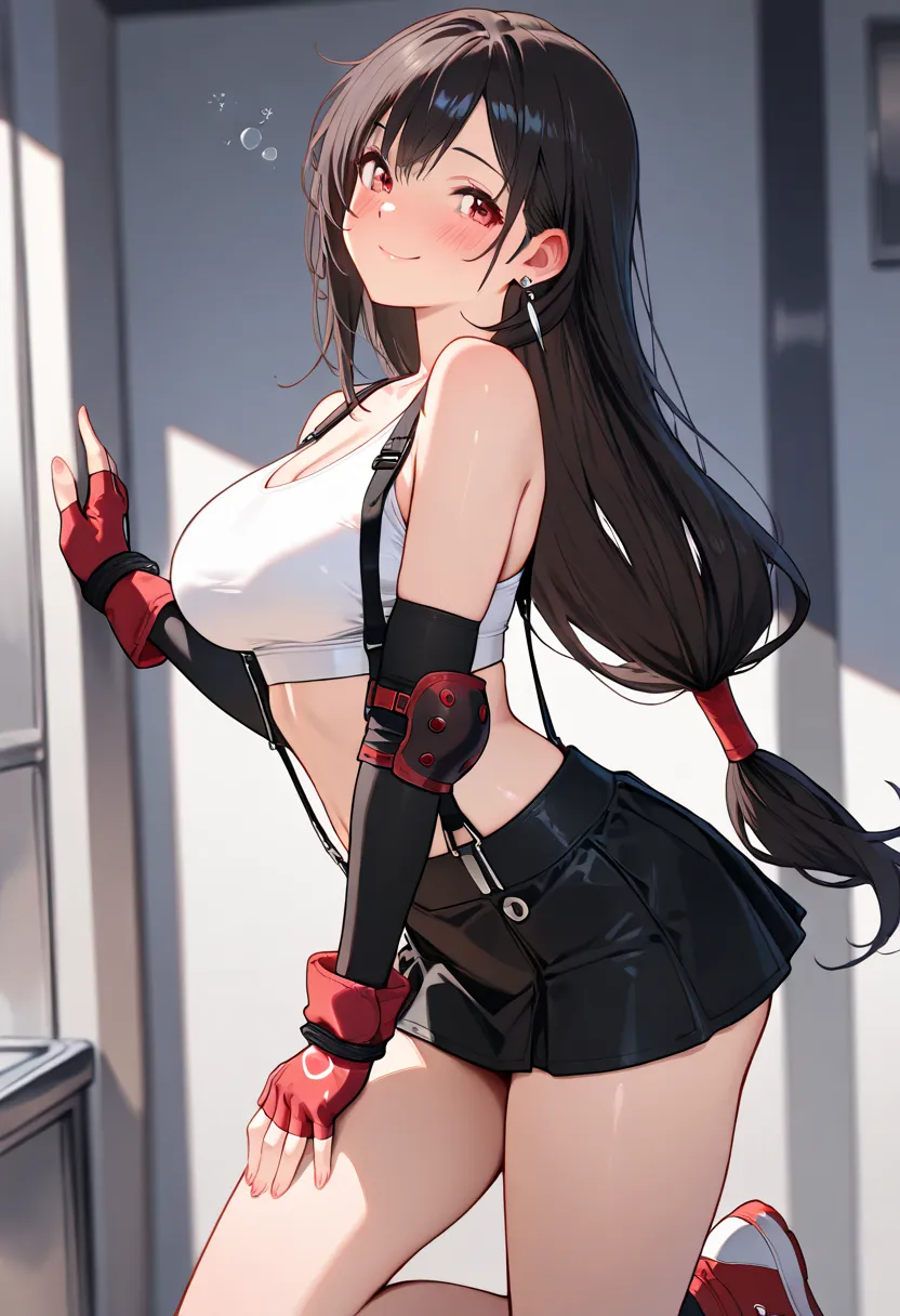 DefTif, red eyes, black hair, low-tied long hair, earrings, white sports bra, black suspenders, black miniskirt, arm warmers, black elbow gloves, elbow pads, red gloves, red footwear best quality ( best quality )、smile,,, best qualitysmile  smile ,,best qu...