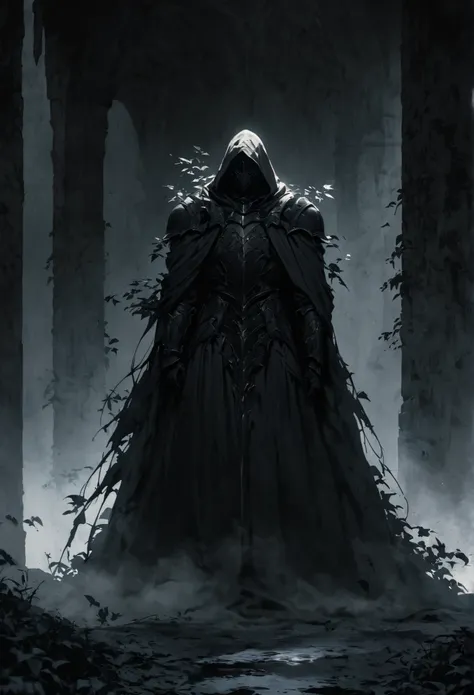 Best quality, high-res) A detailed, battle-worn knight standing solemnly in a dark fantasy, gothic setting. His heavy armor, scarred and weathered, glows faintly under a moonlit sky, shrouded in misty fog. Rustling leaves and chilling winds add to the omin...