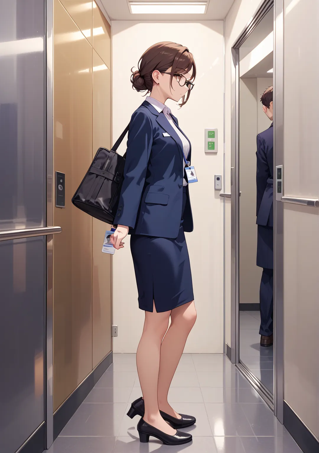 company,walk,1 girl,office lady,navy skirt,white shirt,low bun,brown hair,brown eye,short hair,swept bangs,navy jacket , expressionless, her eyelids heavy,,Glasses,,id card holder, office,,looking at another,from side,full body, elevator,