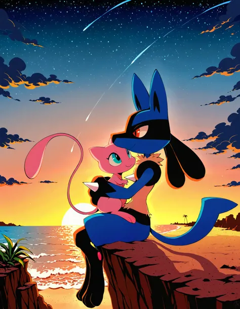 duo lucario, mew, hug, portrait, hug, three-quarter view, looking at another, smile, BREAK, masterpiece, best quality, [:by Waspsalad, by Edtropolis:0.15], detailed background, ambient silhouette, backlighting, cloudscape, beach, plant, sunset, night, star...