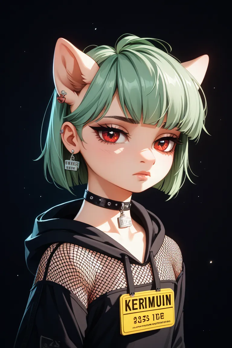 green hair, saggy eyes, red eyes, black mesh, simple black hoodie
Easy blush silver earrings