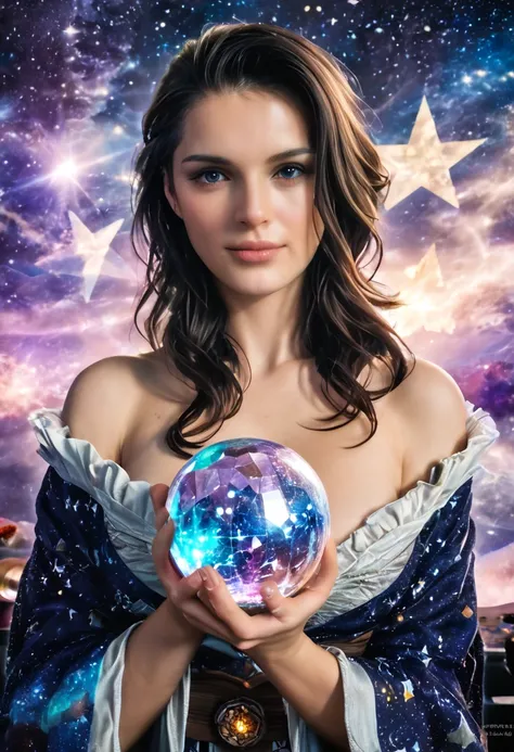 A beautiful female astrologer, detailed face and eyes, intricate star-patterned robe, holding a crystal ball, cosmic background, (best quality,4k,8k,highres,masterpiece:1.2),ultra-detailed,(realistic,photorealistic,photo-realistic:1.37),fantasy art,cinemat...