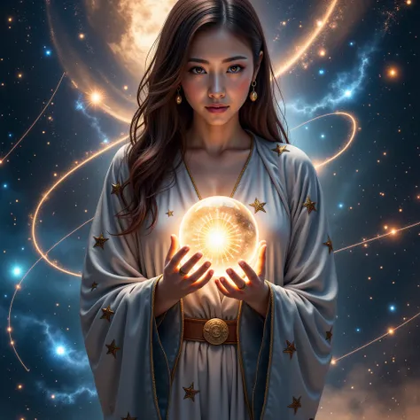 A beautiful female astrologer, detailed face and eyes, intricate star-patterned robe, holding a crystal ball, cosmic background, (best quality,4k,8k,highres,masterpiece:1.2),ultra-detailed,(realistic,photorealistic,photo-realistic:1.37),fantasy art,cinemat...