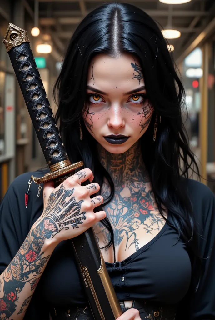 Beautiful Girl, Nose and Lip Piercing, Black Lips, Full Body of Colored Tattoos, Tight and Ripped Shirt, Holding Black Katana Full of Carvings, Cynical Smiling Expression.

Mural Painting Background.

(masterpiece, top quality, Professional, perfect compos...