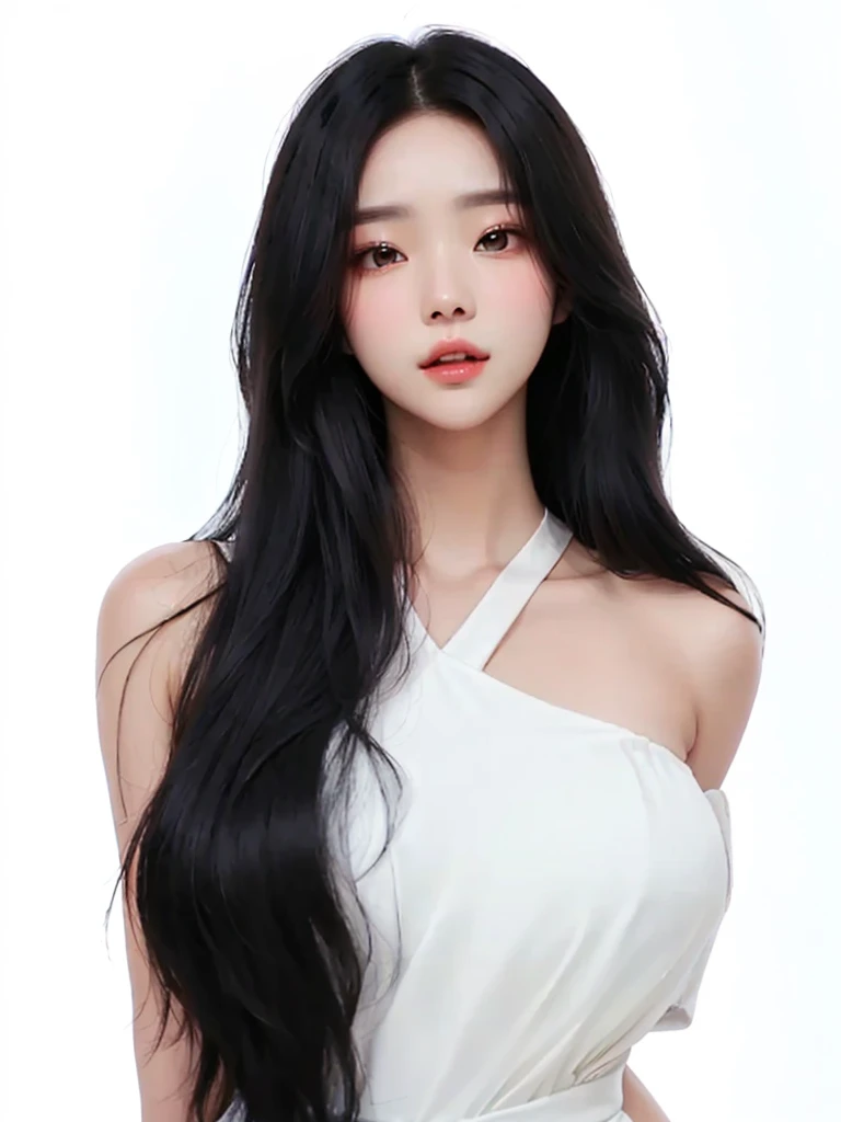 a woman with long black hair wearing a white dress, gorgeous young korean woman, beautiful south korean woman, beautiful young korean woman, jaeyeon nam, portrait of female korean idol, lee ji-eun, lee ji - eun, korean girl, ulzzang, jinyoung shin, hwang s...