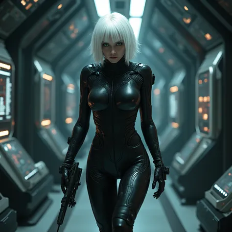 A woman infiltrated a spaceship. albinos, white hair, eyes dug . Wearing an organic black suit, fusionnant avec le corps, couvrant tous le corps. Wielding a weapon. 