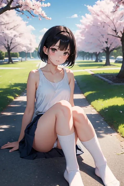 8k,masterpiece, Japanese,Perfect human anatomy,  girl ,from before, innocent face, gentle eyes,ish, short white tank top ,Short navy blue skirt, black hair, semi-long,noon, bright,Cherry Tree,Skirt that flutters in the wind, can be seen in the background,A...