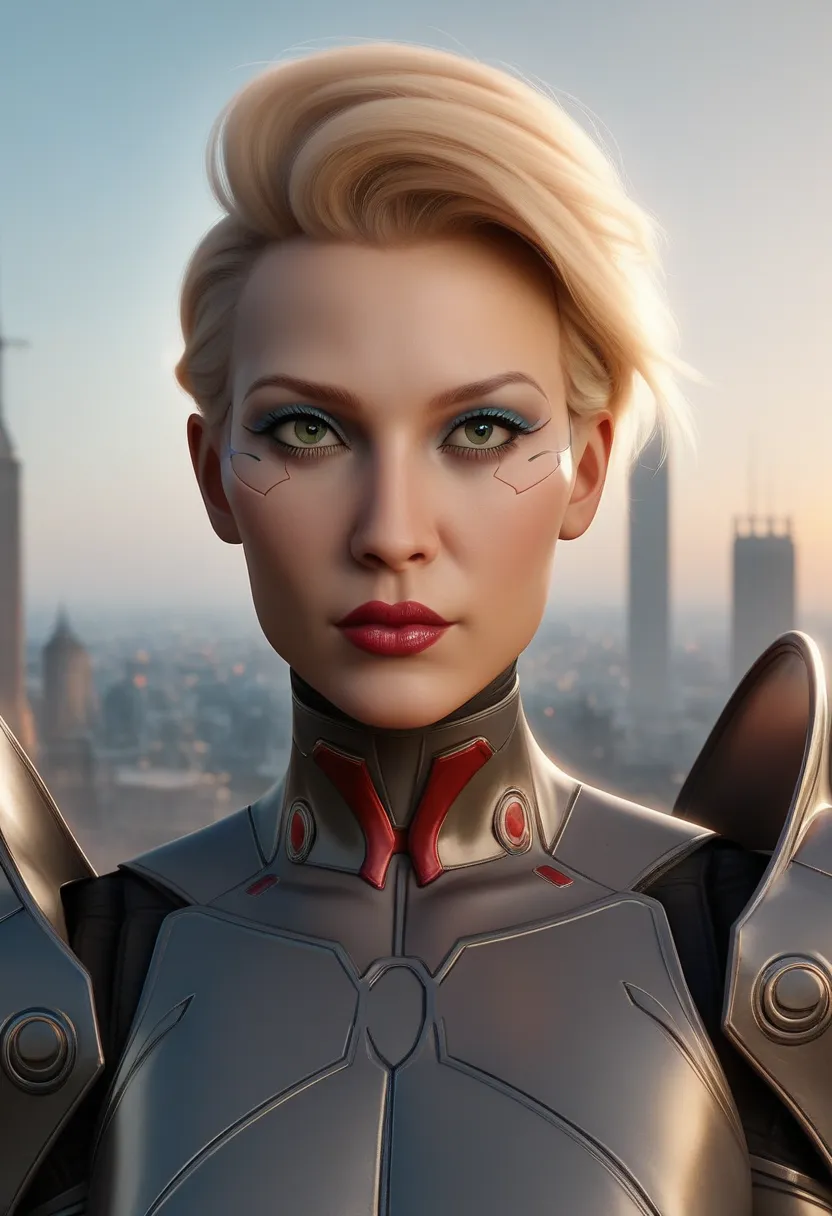 cyberpunk_\(setting\), (35mmstyle:1), masterpiece, highest quality, cinematic lighting, front, 1990s film still of (beautiful [cyborg|woman] roman legionnaire), ((perfect face)), [[makeup]], long eyelashes, (wearing futuristic Lorica segmentata armor), ath...