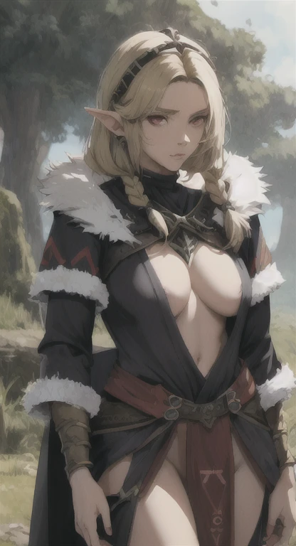 Dinosaur era, Prehistoric Hylian, Devine princess, Hylia, blonde, red eyes, bandit braids, looking at viewer, long messy hair, prehistoric Hyrule, lore accurate prehistoric fur armor, fur loincloth,