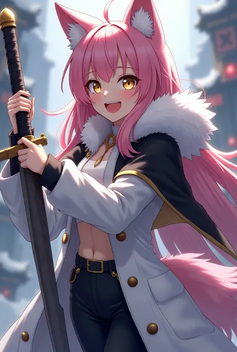 (maximum quality, best quality,  official art , beautiful and aesthetic :1.2) female anime, wolf girl, rebellious girl, long pink hair with bangs covering the right side of the face,  golden eyes, pink wolf ears, voluminous pink tail,  voluminous white coa...